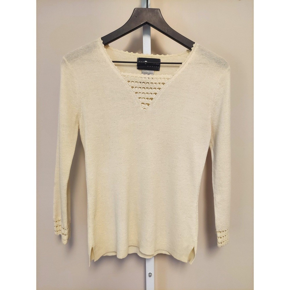 Sag Harbor Petite Cream Crochet V-Neck Ramie Blend Knit Sweater Top PXS Coquette